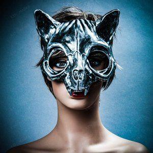 Silver Vampire Skull Cat Halloween Masquerade Robot Cat Costume Party Face Mask